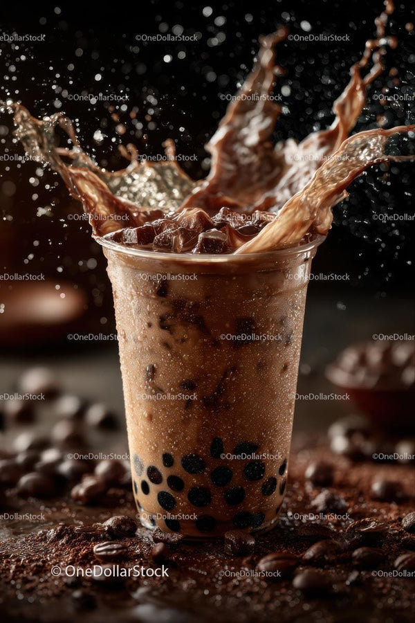 Splashing Bubble Tea with Tapioca Pearls and Ice