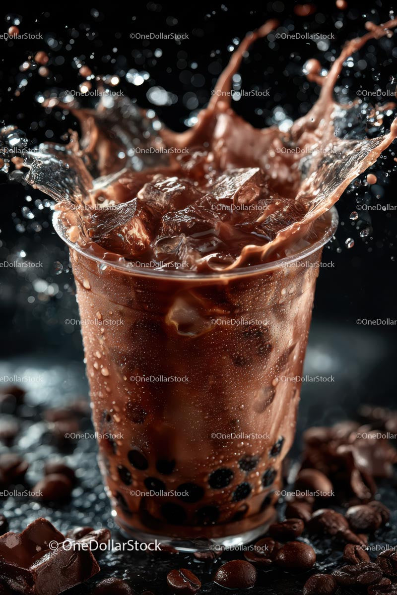 Iced Coffee with Splashes and Ice Cubes on Dark Background