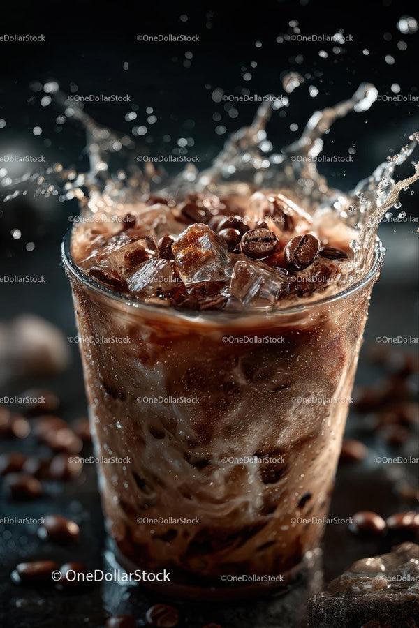 Iced Coffee Splash with Coffee Beans and Ice Cubes
