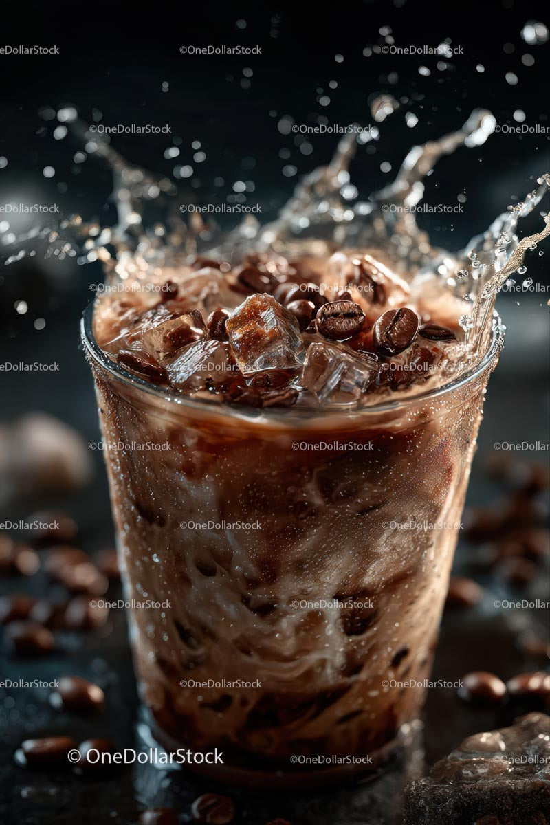 Iced Coffee Splash with Coffee Beans and Ice Cubes