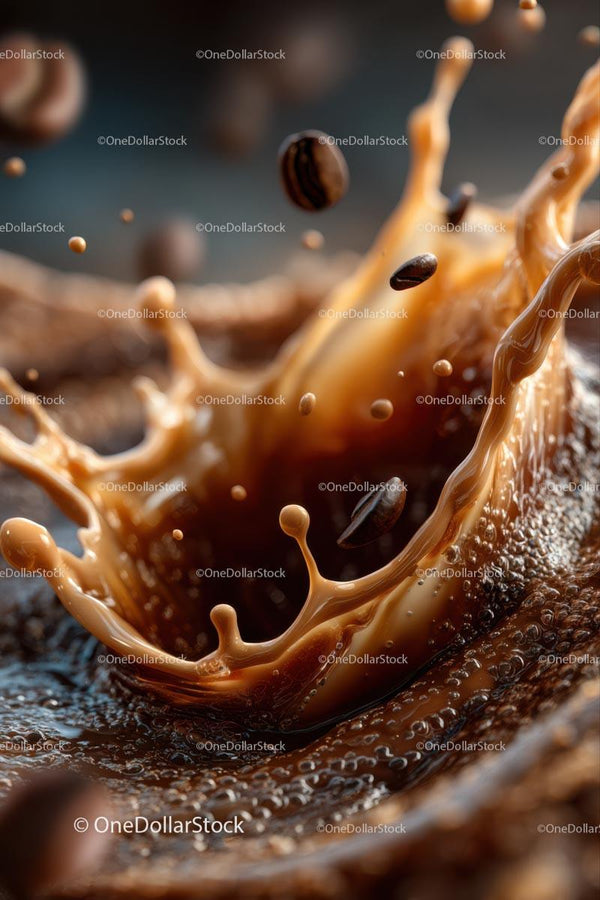 Dynamic Coffee Splash with Floating Beans