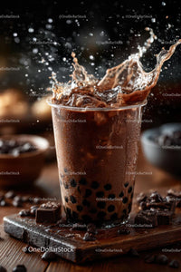 Iced Coffee with Splashes and Ice Cubes on Dark Background