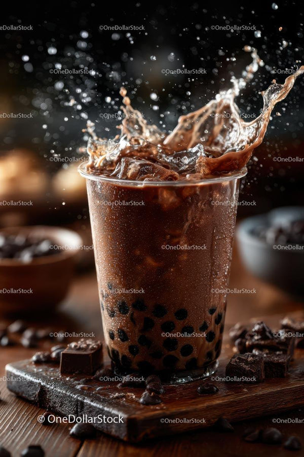 Boba Tea Splash with Tapioca Pearls on Wooden Table