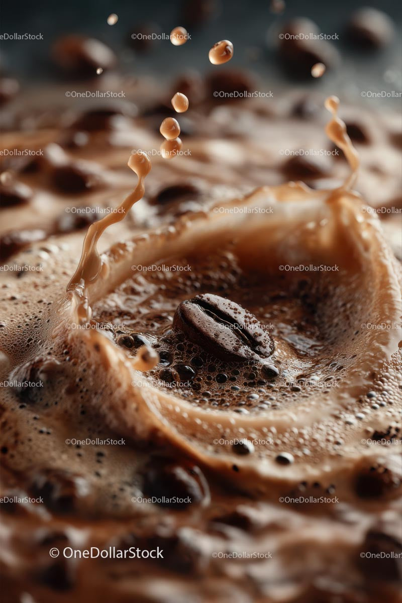 Iced Coffee with Splashes and Ice Cubes on Dark Background