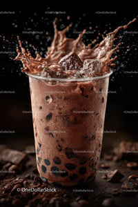 Iced Coffee with Splashes and Ice Cubes on Dark Background