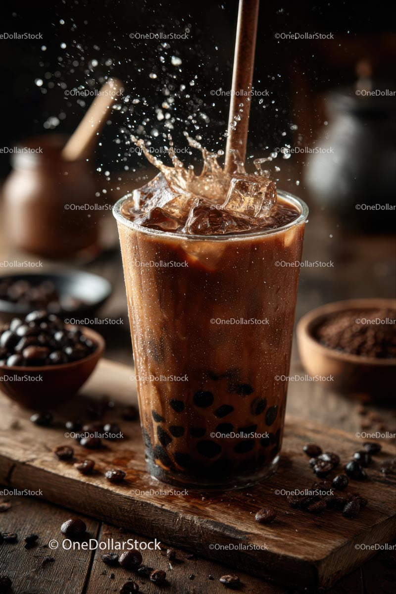 Refreshing Iced Coffee with Boba Pearls and Coffee Beans