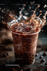 Iced Coffee with Splashes and Ice Cubes on Dark Background