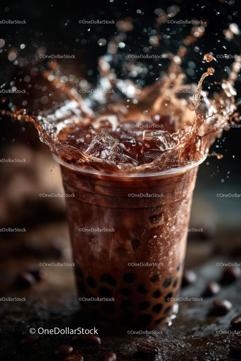 Iced Coffee with Splashes and Ice Cubes on Dark Background