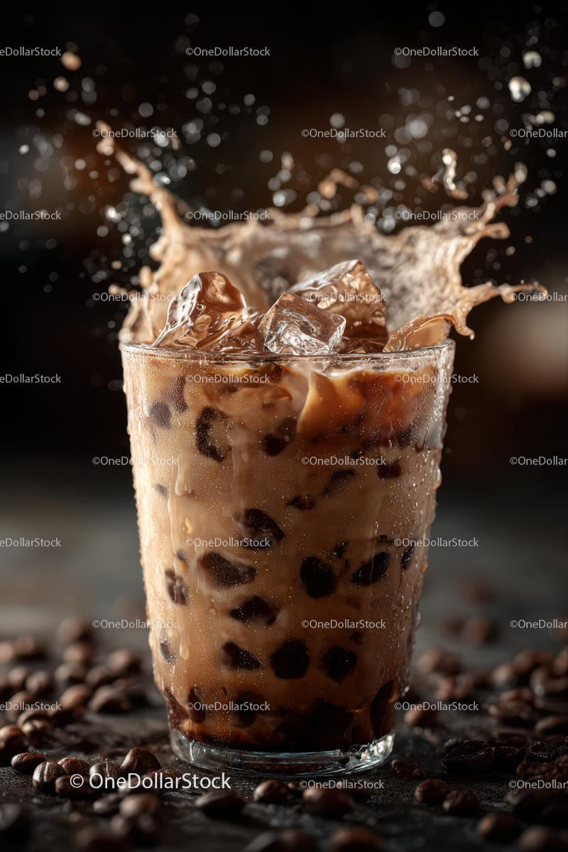 Iced Coffee Splashing in Glass with Ice Cubes