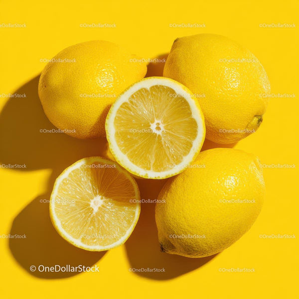 Fresh Whole and Sliced Lemons on Bright Yellow Background