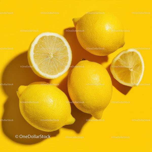 Fresh Whole and Sliced Lemons on Yellow Background