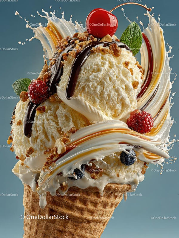 Gourmet Vanilla Ice Cream Cone with Cherry and Toppings