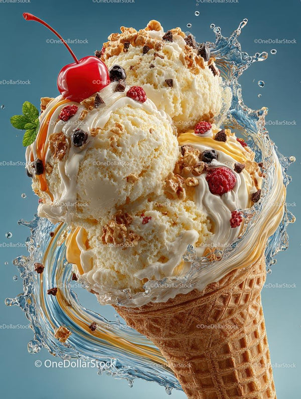 Gourmet Ice Cream Cone with Cherry and Caramel Drizzle