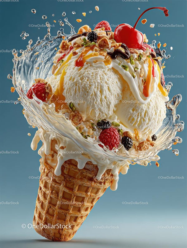 Delicious Ice Cream Cone with Berries and Cherry