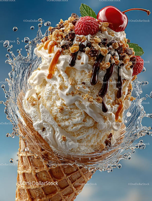Delicious Ice Cream Cone with Toppings and Splash