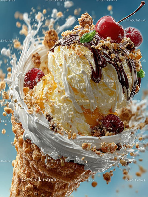 Delicious Ice Cream Cone with Chocolate and Cherry