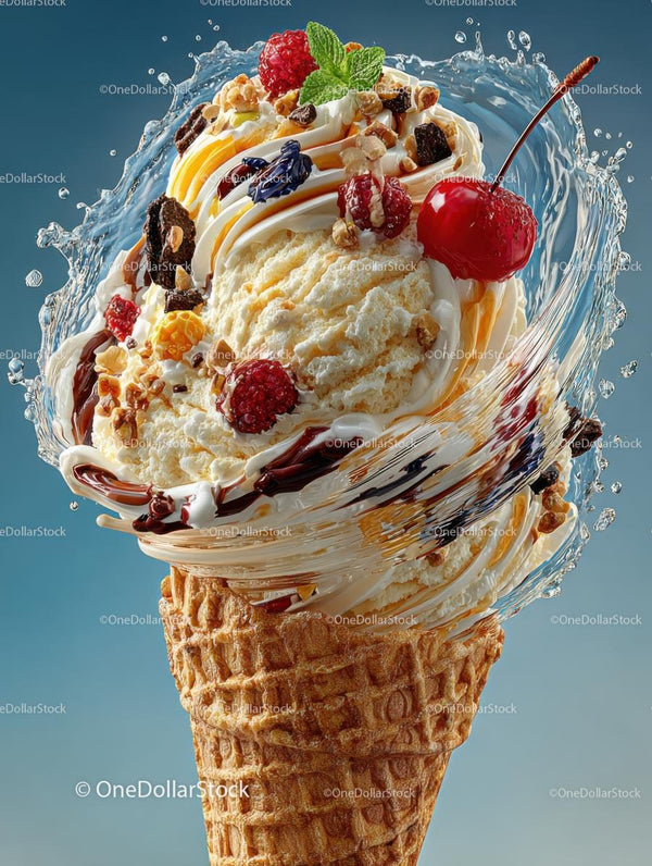 Delicious Ice Cream Cone with Berries and Chocolate Drizzle
