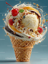Vanilla Ice Cream Cone with Cherry and Toppings