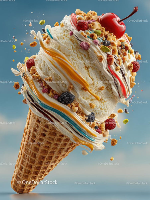Gourmet Ice Cream Cone with Cherry and Toppings