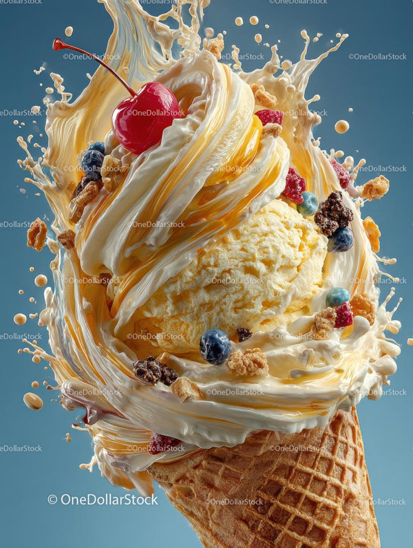 Delicious Ice Cream Cone with Milk and Caramel Swirl