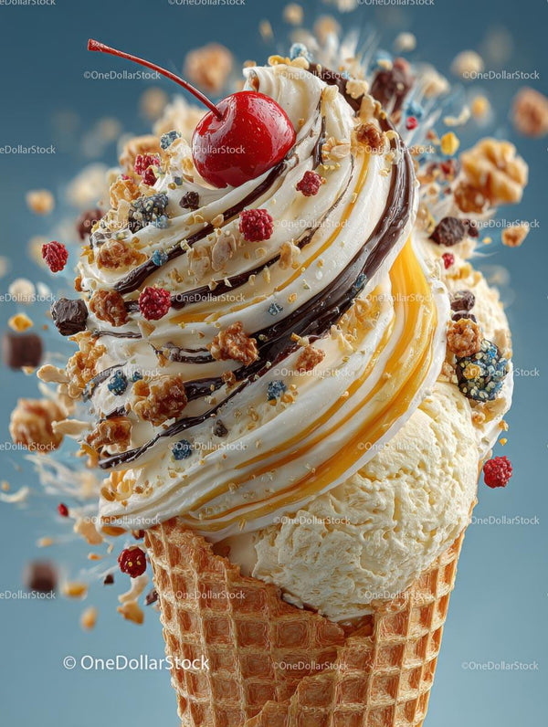 Gourmet Ice Cream Cone with Cherry and Chocolate Drizzle