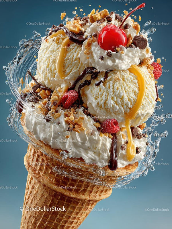 Gourmet Vanilla Ice Cream Cone with Toppings