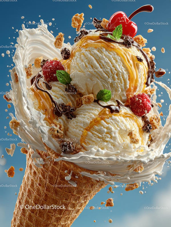 Vanilla Ice Cream Cone with Chocolate and Caramel Toppings
