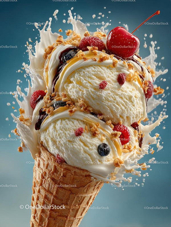 Vanilla Ice Cream Cone with Berries and Whipped Cream
