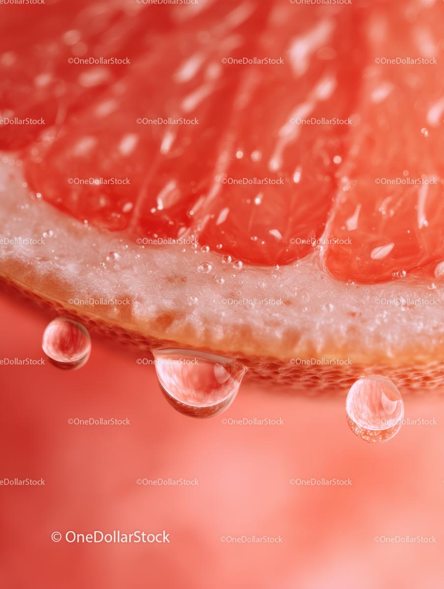 Makrofotografia świeżego plasterka grejpfruta z kroplami wody