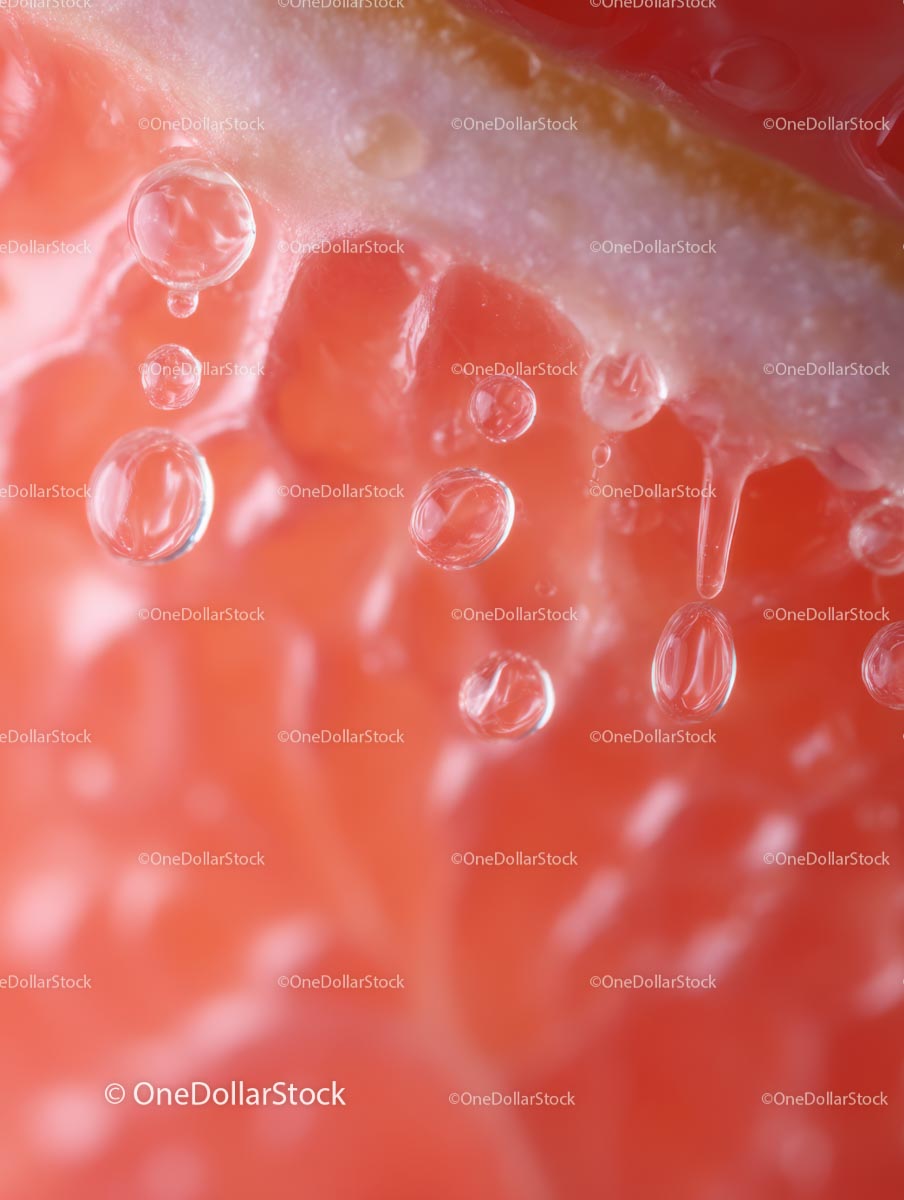Makrofotografia świeżego plasterka grejpfruta z soczystymi kroplami