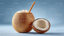Fresh Coconut with Straw on Blue Background