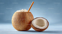 Fresh Coconut with Straw on Blue Background