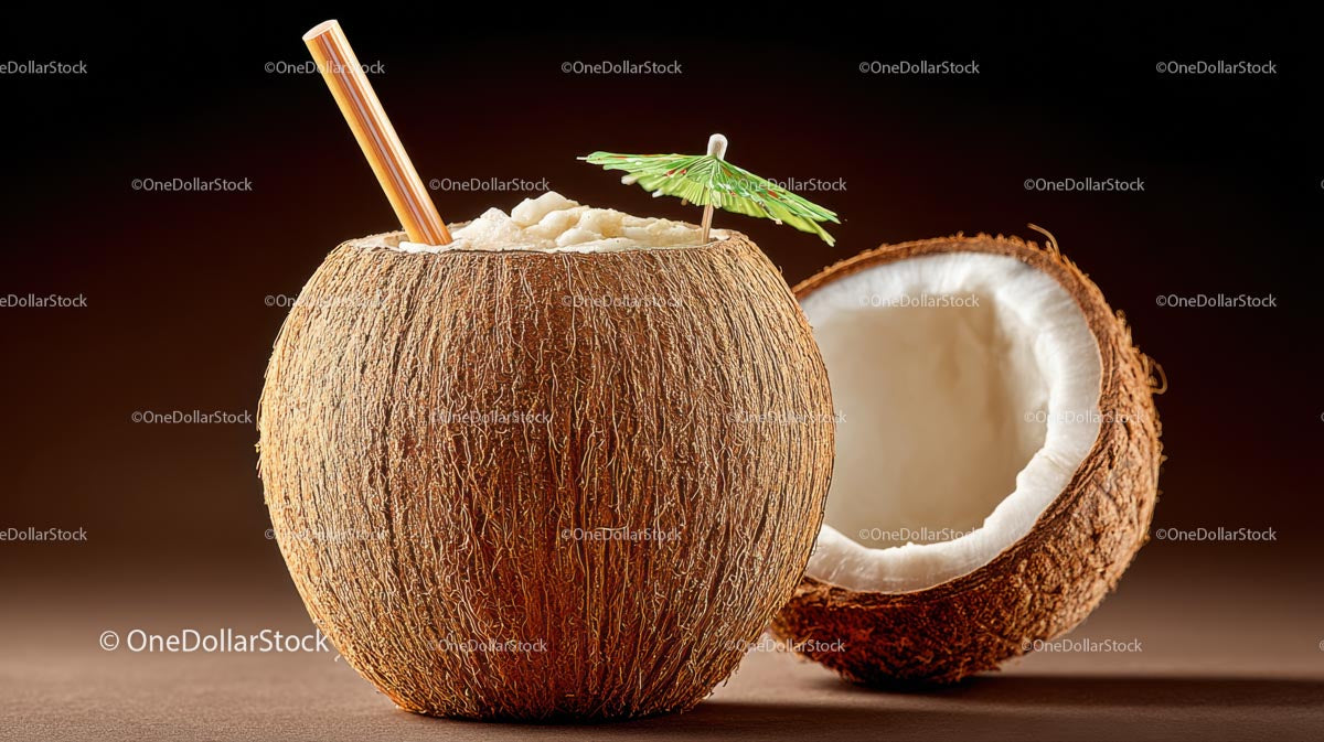 Refreshing Coconut Drink with Straw and Umbrella