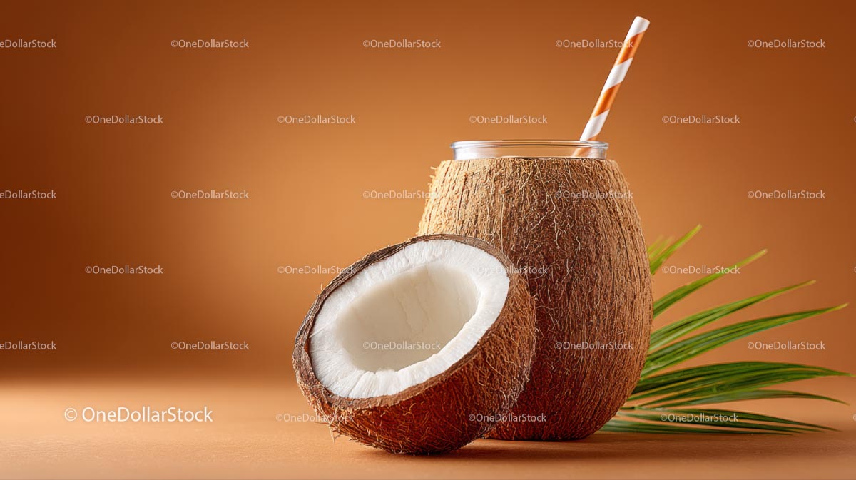 Refreshing Coconut Drink with Palm Leaf on Brown Background