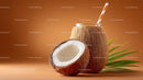 Refreshing Coconut Drink with Palm Leaf on Brown Background
