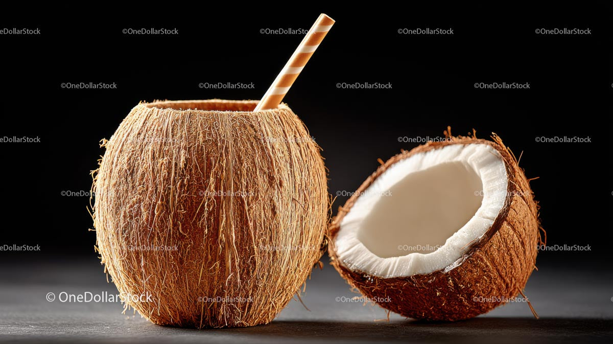 Refreshing Coconut Drink with Straw on Dark Background