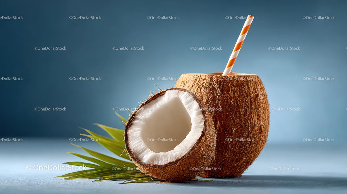 Refreshing Coconut Drink with Palm Leaves