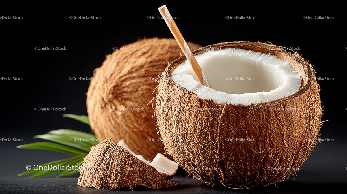 Świeży kokos ze słomką i liściem palmowym