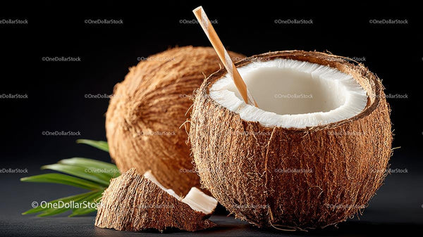 Fresh Coconut with Straw and Palm Leaf