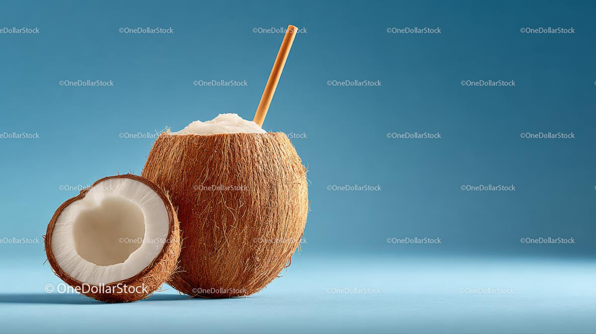 Fresh Coconut Drink with Straw on Blue Background