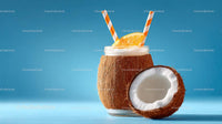 Tropical Coconut Cocktail with Orange Slice and Straws