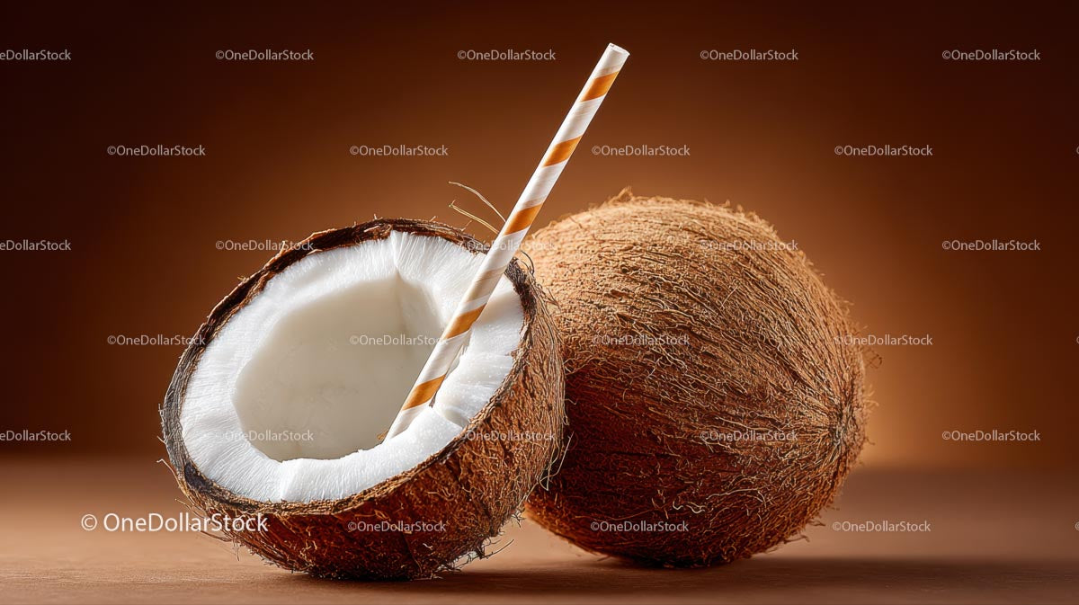 Refreshing Coconut Drink with Straw on Tropical Background