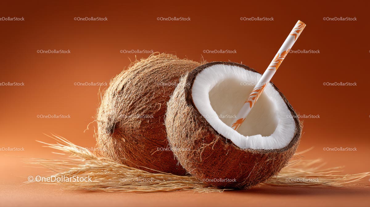 Refreshing Coconut Drink with Straw and Husk