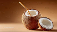 Fresh Coconut Drink with Straw on Brown Background