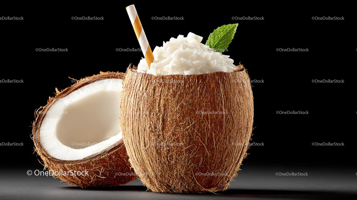 Refreshing Coconut Drink with Mint and Straw