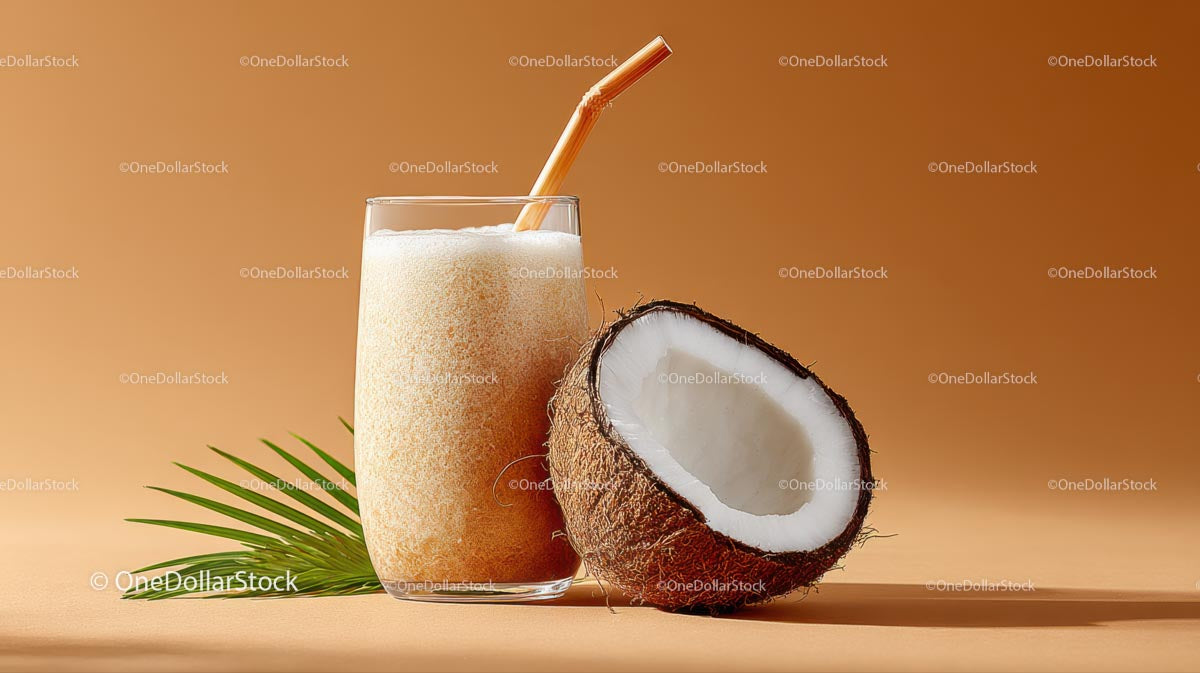 Refreshing Coconut Drink with Fresh Coconut and Palm Leaf