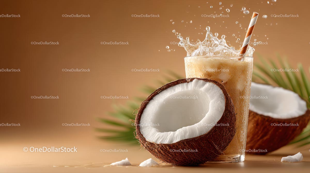 Refreshing Coconut Beverage with Splash and Palm Leaf