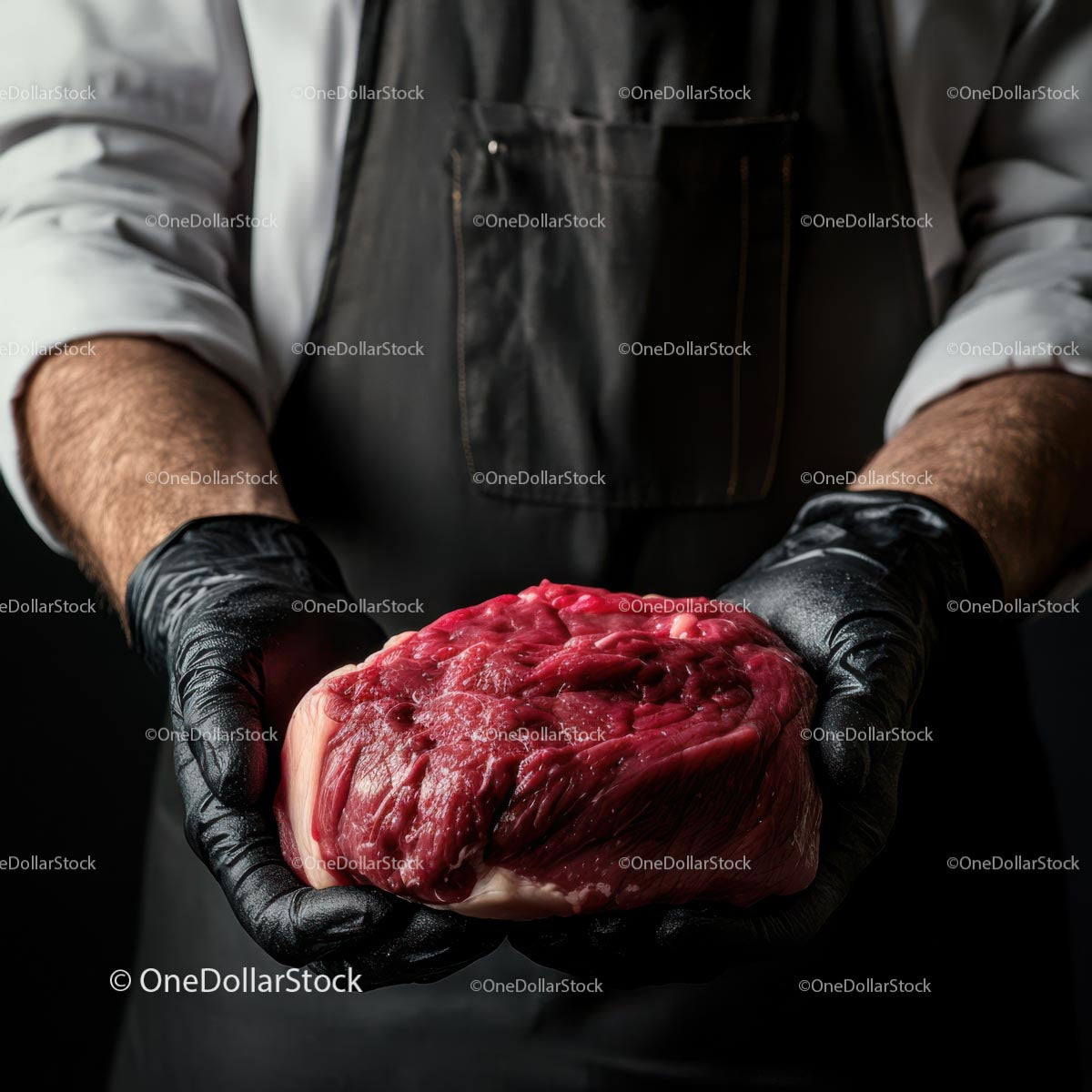 Butcher Holding Fresh Raw Beef in Black Gloves