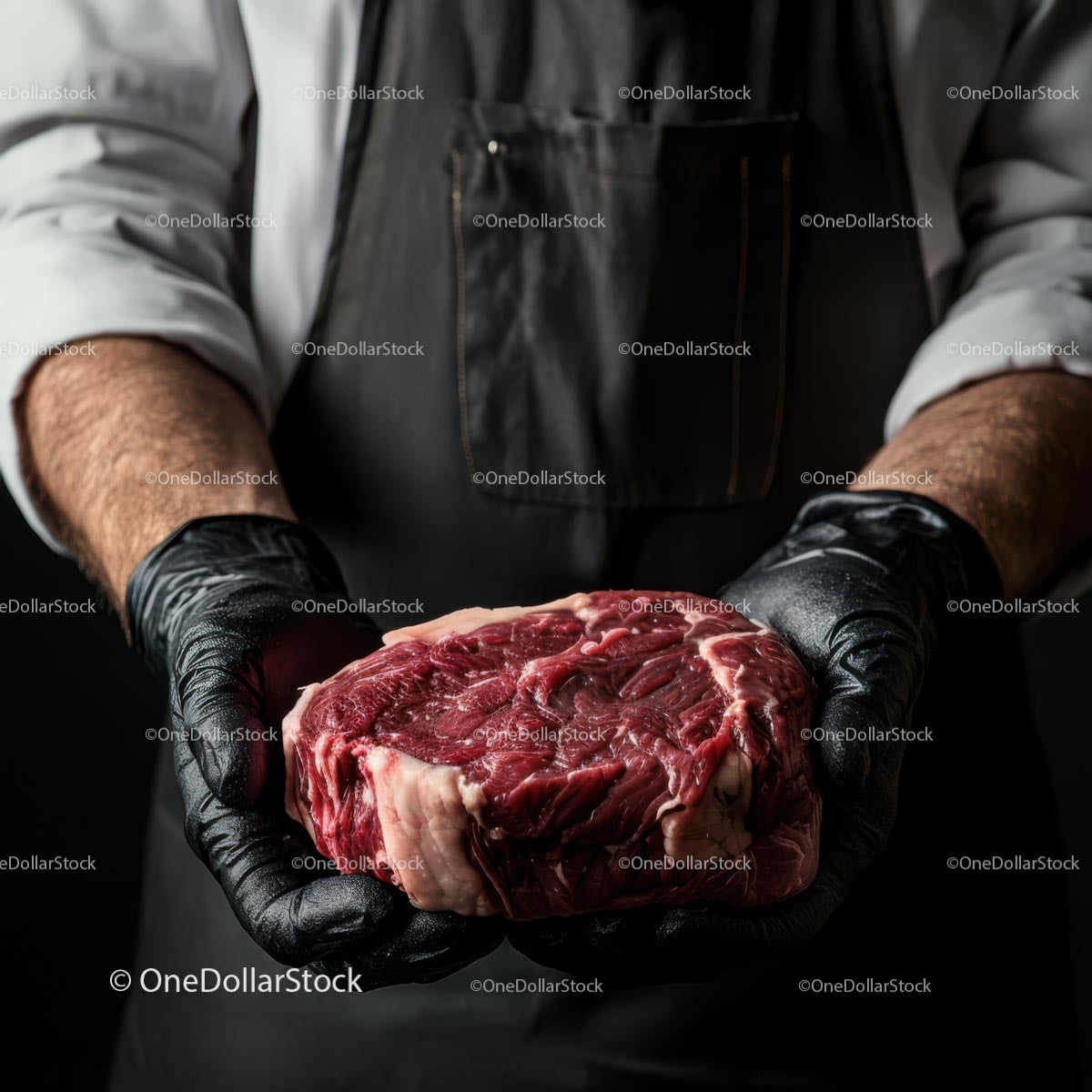 Butcher Holding Raw Ribeye Steak in Gloved Hands