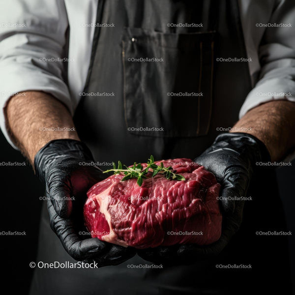 Chef Holding Raw Beef Fillet with Fresh Herbs